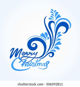 Christmas card with blue handwritten text and greetings merry Christmas, with a winter pattern. Blue and serenity colors