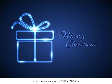 Christmas Card With Blue Neon Gift Box