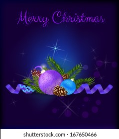 Christmas card with blue and purple baubles and conifer cones on dark background