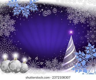 Tarjeta navideña azul con rayos de luz, un árbol de Navidad a rayas, bolas blancas y hermosos copos de nieve.