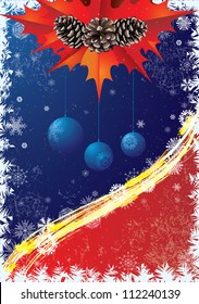 Christmas card  in blue and red colors with pine cones and snowflakes.