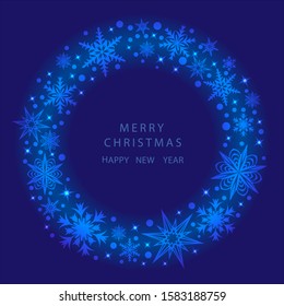 Christmas card. Blue ring of stars and snowflakes on a blue background.