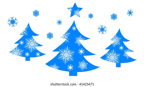 Christmas card with blue tree, snowflakes and stars. Vector illustration