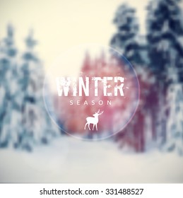 Christmas card with blurred winter landscape with snow covered trees and reindeer icon, vector illustration background