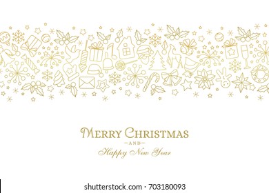 Christmas card with border from line art icons. Holiday white background with linear golden texture and season greetings