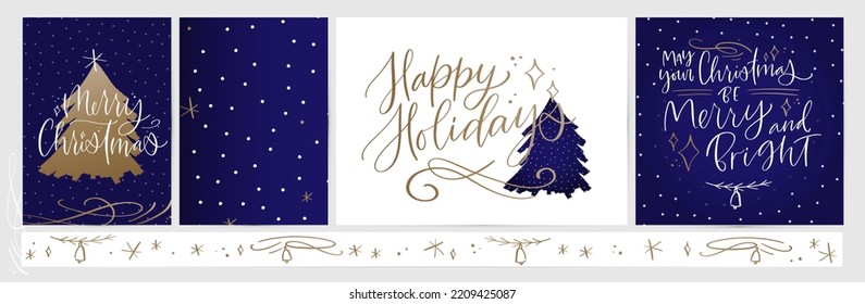 Christmas card and border set with calligraphy greetings on navy and white background. Christmas tree silhouette, stars and snow decorated with gold gradient. Modern design for winter holidays.