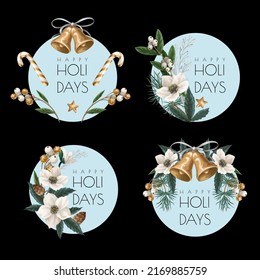 Christmas card with botanical plants, flowers and bells isolated