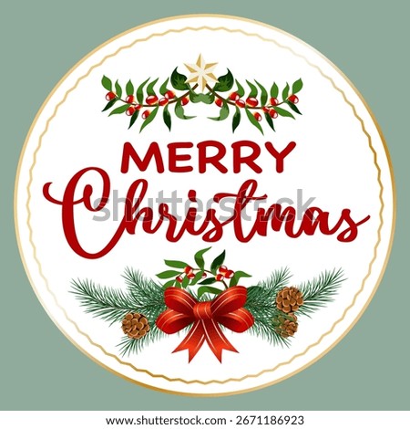 Christmas card with bow and text.Vector round greeting card with Christmas text, bow and pine branches on color background.