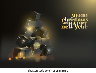 Christmas card with box pyramid like fir-tree over black background and golden sign merry christmas and happy new year.