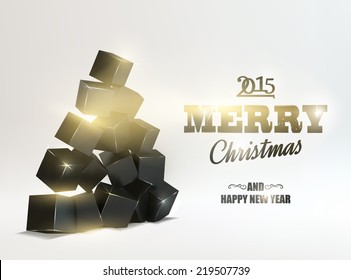 Christmas card with box pyramid like fir-tree over white background.