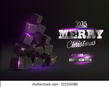 Christmas card with box pyramid like fir-tree over black background.