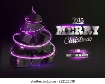 Christmas card with box pyramid like fir-tree over black background.