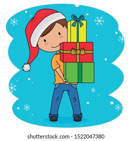 Christmas card. Boy with a lot of gifts