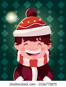 christmas card of boy with hat and scarf vector illustration design