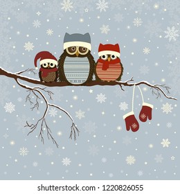 Christmas card with a branch with family of owls in winter