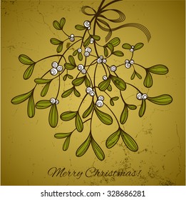 Christmas card with branch of mistletoe. Vector illustration