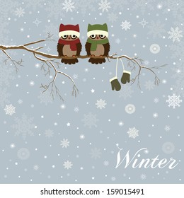 Christmas card a branch with owls in vector