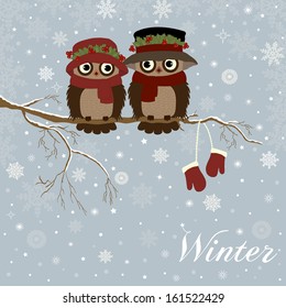 Christmas card a branch with owls in vector