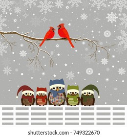 Christmas card a branch with red birds and family of owls on fence