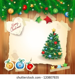 Christmas card with branch and christmas tree. Vector background with copy space
