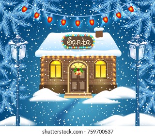 Christmas Card With Brick House And Santa's Workshop Against Winter Forest Background  And Vintage Streetlamps. New Year Design Postcard.