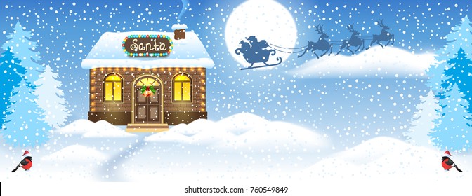 Christmas card with brick house and Santa's workshop against winter forest background and Santa Claus in sleigh with reindeer team flying in the moon sky. New Year design postcard.