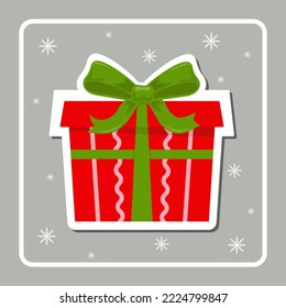 Christmas card with bright gift box. Winter sticker. Greeting card, frame for Christmas, New Year. Design element for postcard, invitation. Vector illustration