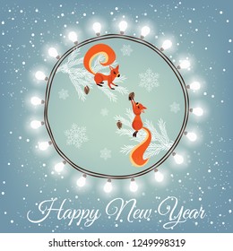 Christmas card with bright lanterns and red squirrels on a winter background