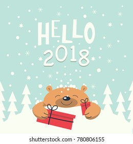 Christmas card. Brown bear lies on a snowdrift holding gift boxes in paws. Christmas trees on the snowdrift . Snowflakes falling. Phrase hello  2018 .