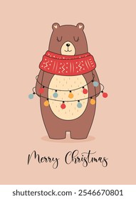 Christmas card with brown bear wearing scarf and playing with Christmas lights. Holiday card with Merry Christmas text. 