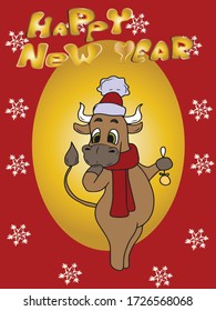 Christmas card with a bull, 2021, vector children's design on a red and gold isolated background.