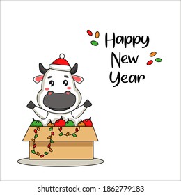 Christmas card with a bull in a box with garlands