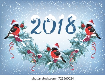 Christmas card with  bullfinch in Santa hat on the snowfall background in retro style with inscription "2018" and christmas garland with holly berries