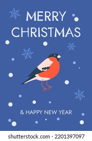 Christmas card with bullfinch and snowflakes. Vector illustration