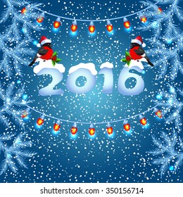 Christmas card with bullfinches on the evening landscape background and fur tree