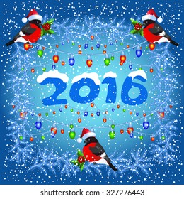 Christmas card with bullfinches in Santa Claus hat and garland lanterns