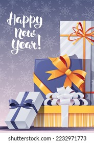 Christmas card with a bunch of gifts wrapped in beautiful bows. Great for new year banner, poster, flyer, party invitation.