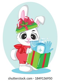 Christmas Card with bunny and gift box.