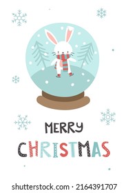 Christmas card with bunny in snow globe and lettering. Winter poster with rabbit on the skates.