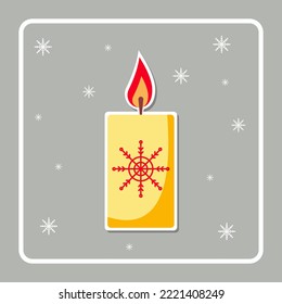 Christmas card with burning Christmas candle. Winter sticker. Festive decoration. Greeting card, frame for Christmas, New Year. Design for postcard, invitation. Vector illustration