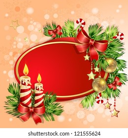 Christmas card with burning candles, balls and  Christmas tree branches