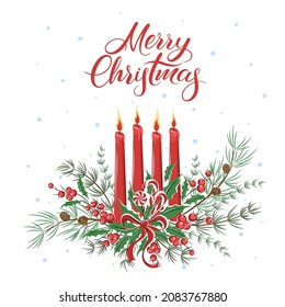 Christmas card with burning candles and decorations. Merry Christmas lettering. Winter holidays design elements for background. Vector illustration