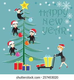 Christmas card for business men with people and christmas tree