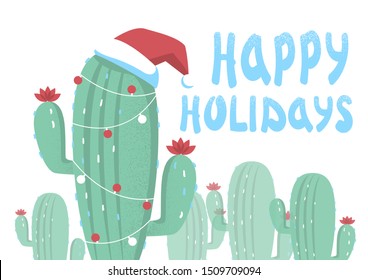 Christmas card with cactuses and holiday text. Vector greeting card background on white