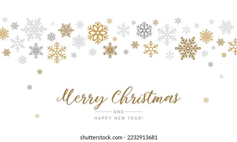 Christmas card with Calligraphic holiday wish and composition of gold and silver snowflakes. Magic nature fantasy snowfall texture decoration. Vector illustration.