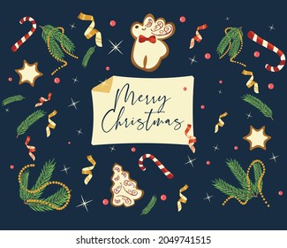 
Christmas card with Calligraphic holiday wishes and composition of holiday elements like cookies, candies, berries, Christmas tree decorations, pine branches.