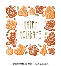 Christmas card with Calligraphic holiday wishes and composition of gingerbread such as gift, hat, house, mittens, gingerbread man, Christmas tree, Christmas tree decorations, pine branches.