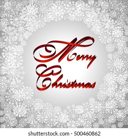 Christmas card - calligraphic letters.Red ribbon, snowflakes. Vector illustration