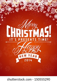 christmas card with calligraphic and typographic elements happy classic vacation formal snowfall holiday background scene edge ball red new celebrating xmas celebration business ornate luxurious cool