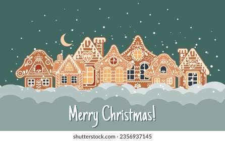 Christmas card with calligraphy, gingerbread houses in the snow with the night sky and moon. Illustration in flat cartoon style. Vector